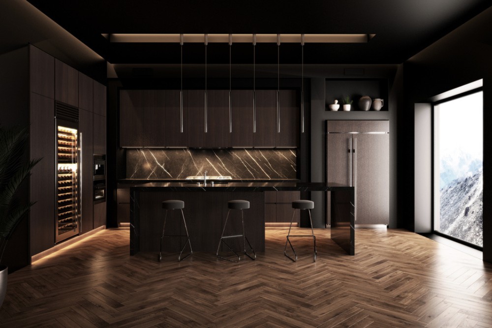 A premium contemporary kitchen loft style in dark colors with large window