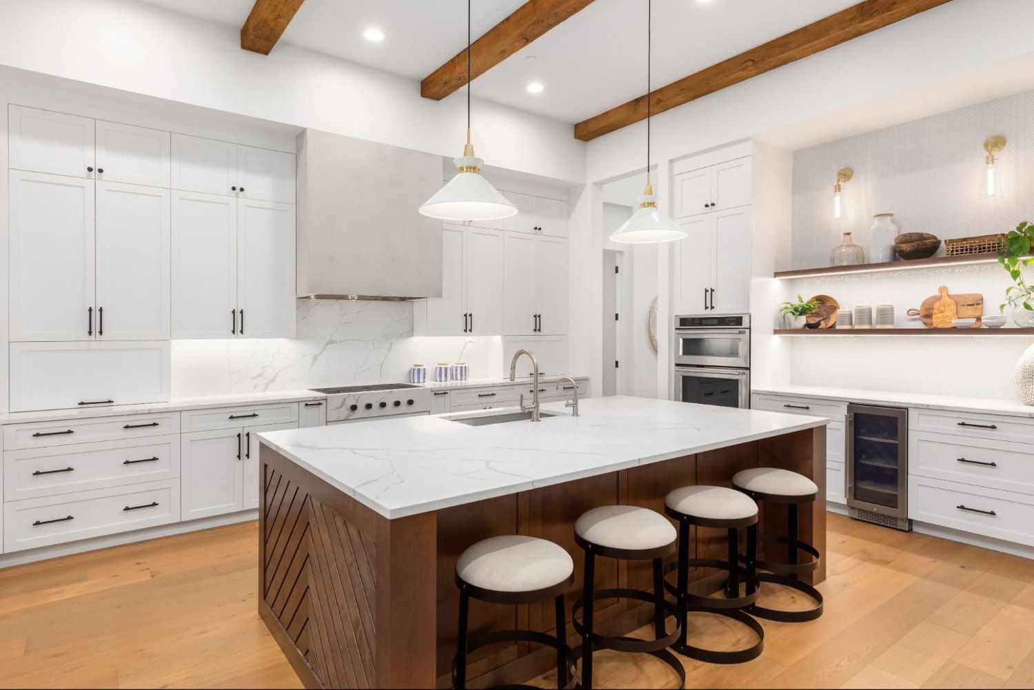 Darkwood Island with White Countertop and Seating in a Big Kitchen