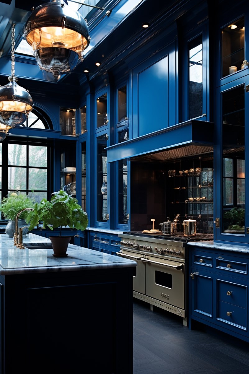 Fancy kitchen in a deep blue color