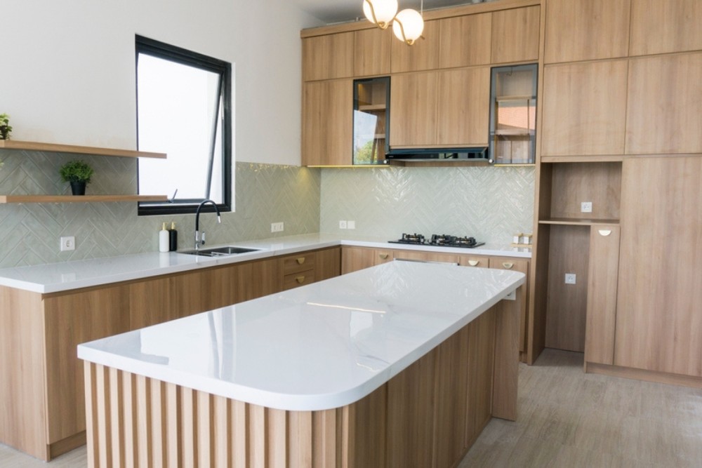 Minimalist wood kitchen set with white counter top, and ceramic backsplash