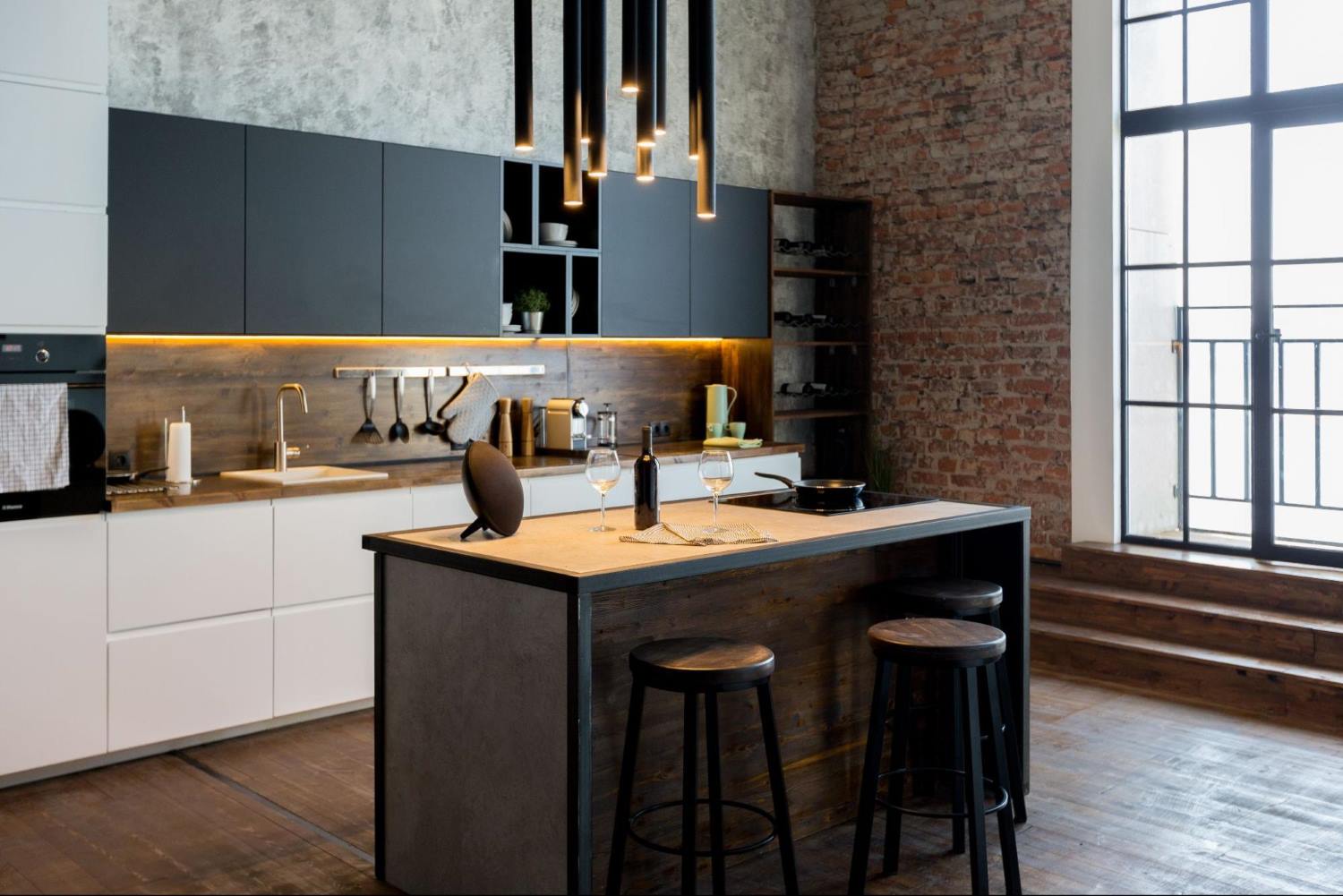 Modern Kitchen with a Small Wooden Black Steel Frame Island and seating