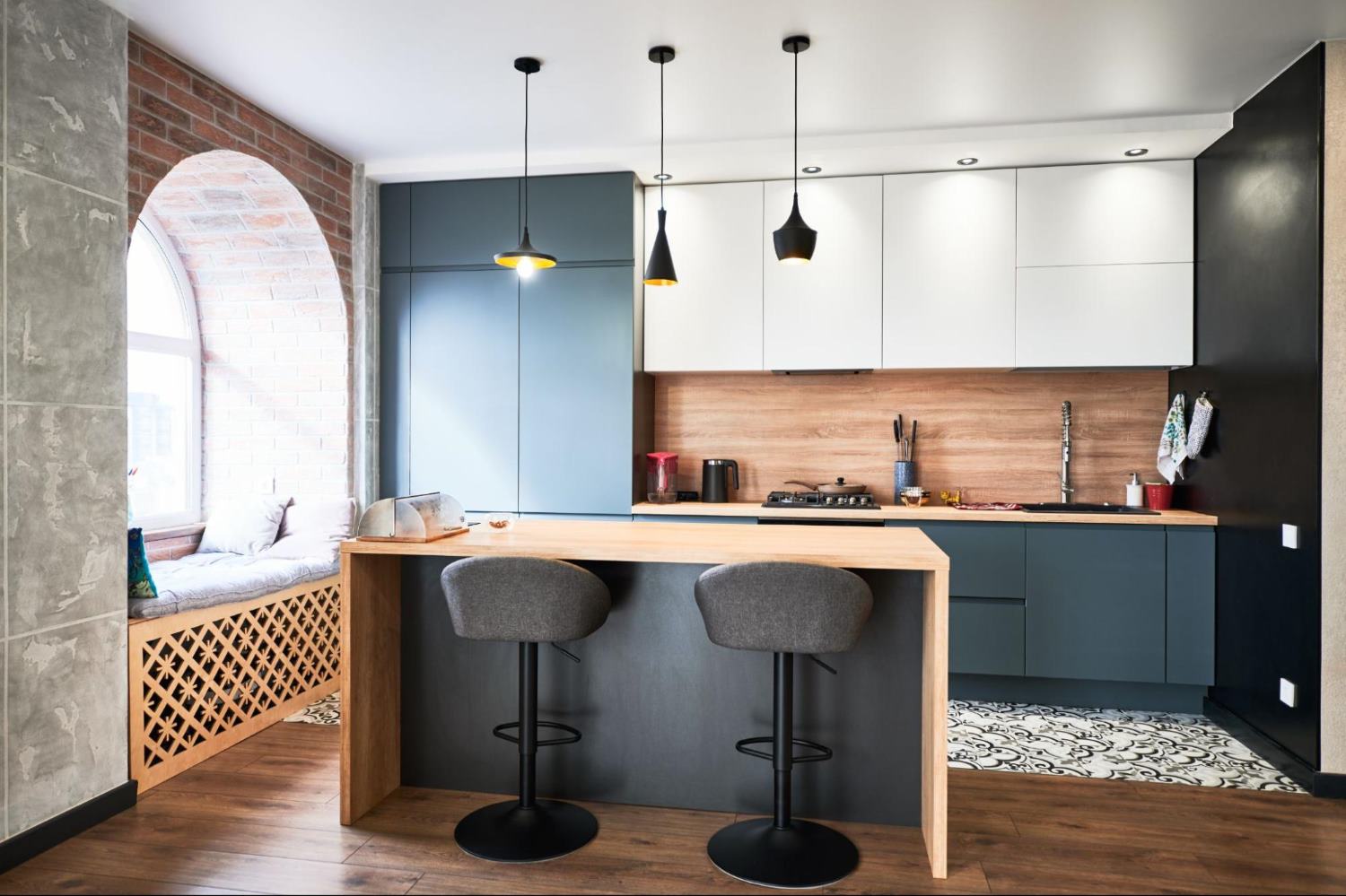 Small Navy Blue and Wooden Countertop in a Modern Kithchen