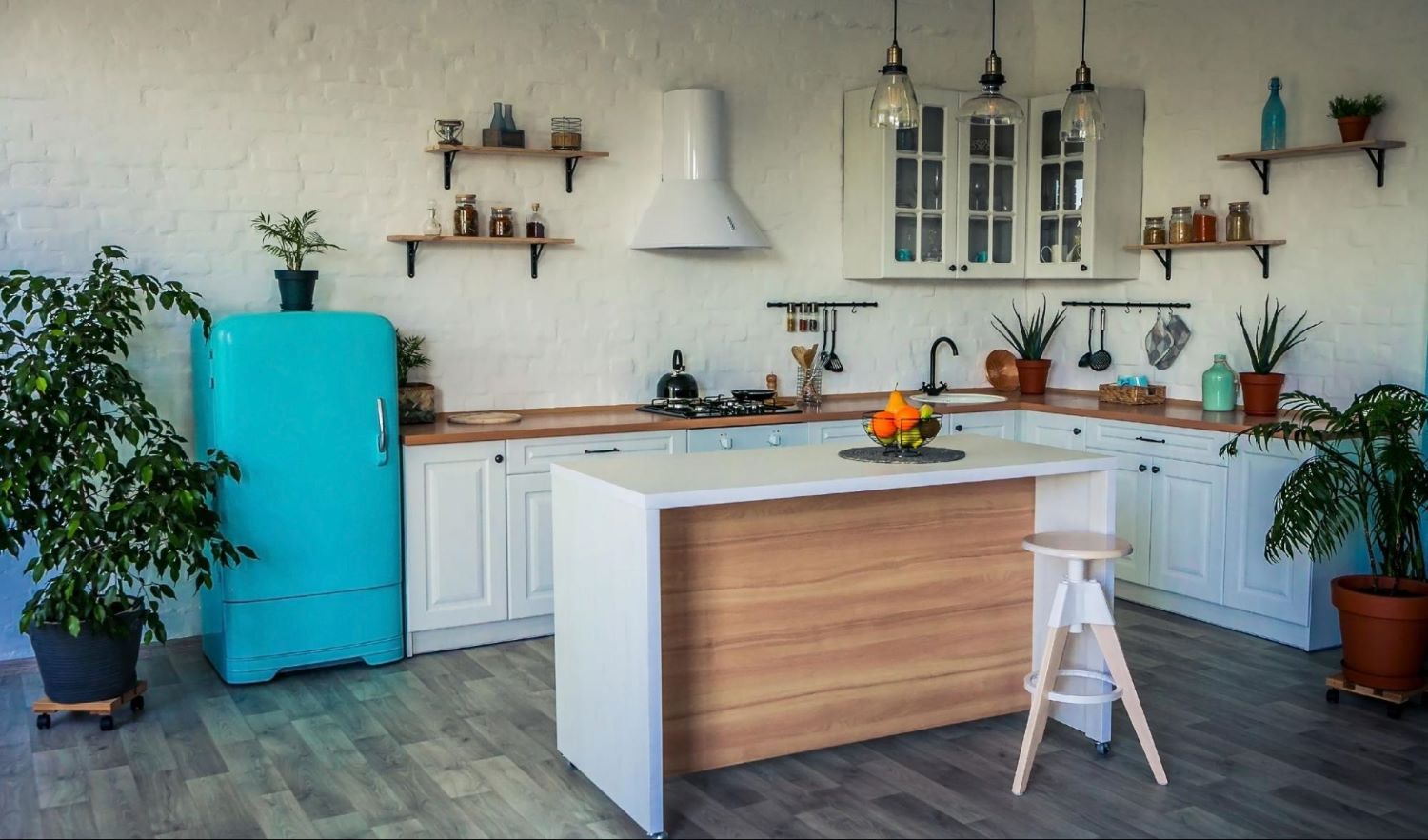 Small White Island and a Stool in a Farmhouse Kitchen