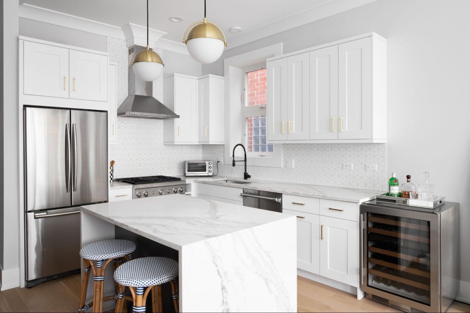 White Modern Kitchen and Small White Countertop and 2 stools