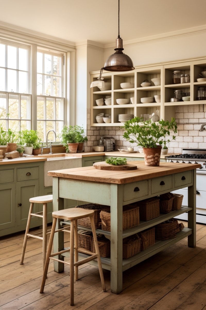 a Small island with seating in a farmhouse kitchen