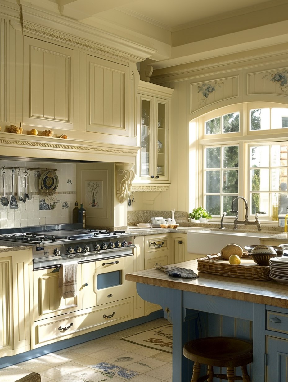 a classic french kitchen in soft cream color