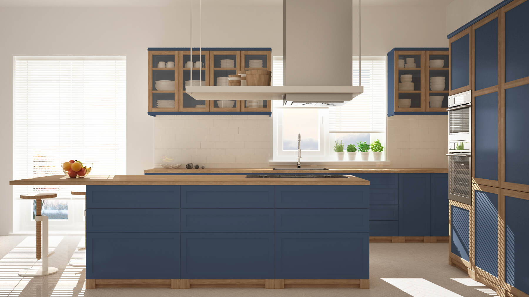 blue and wooden kitchen