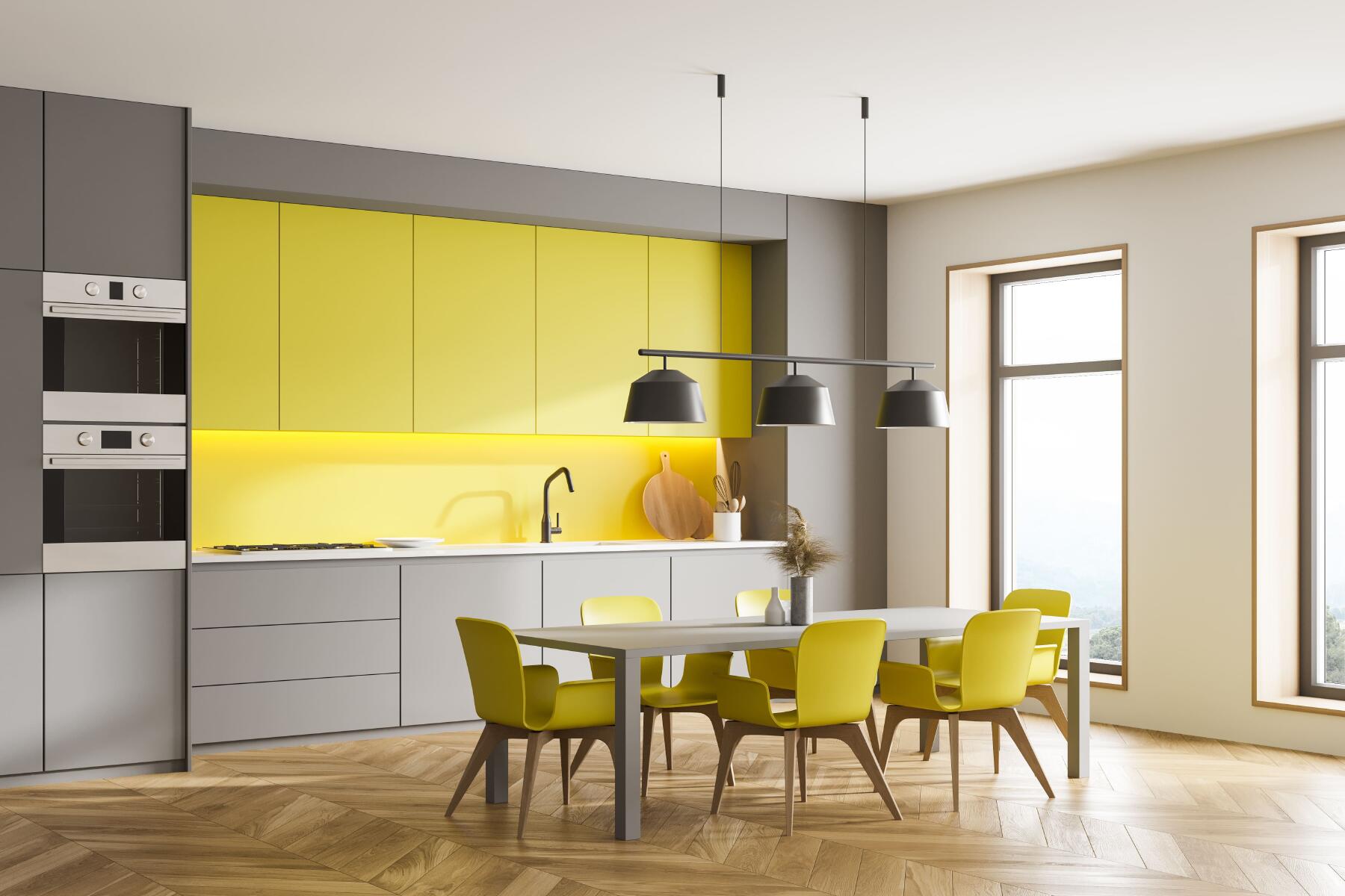 gray and yellow kitchen