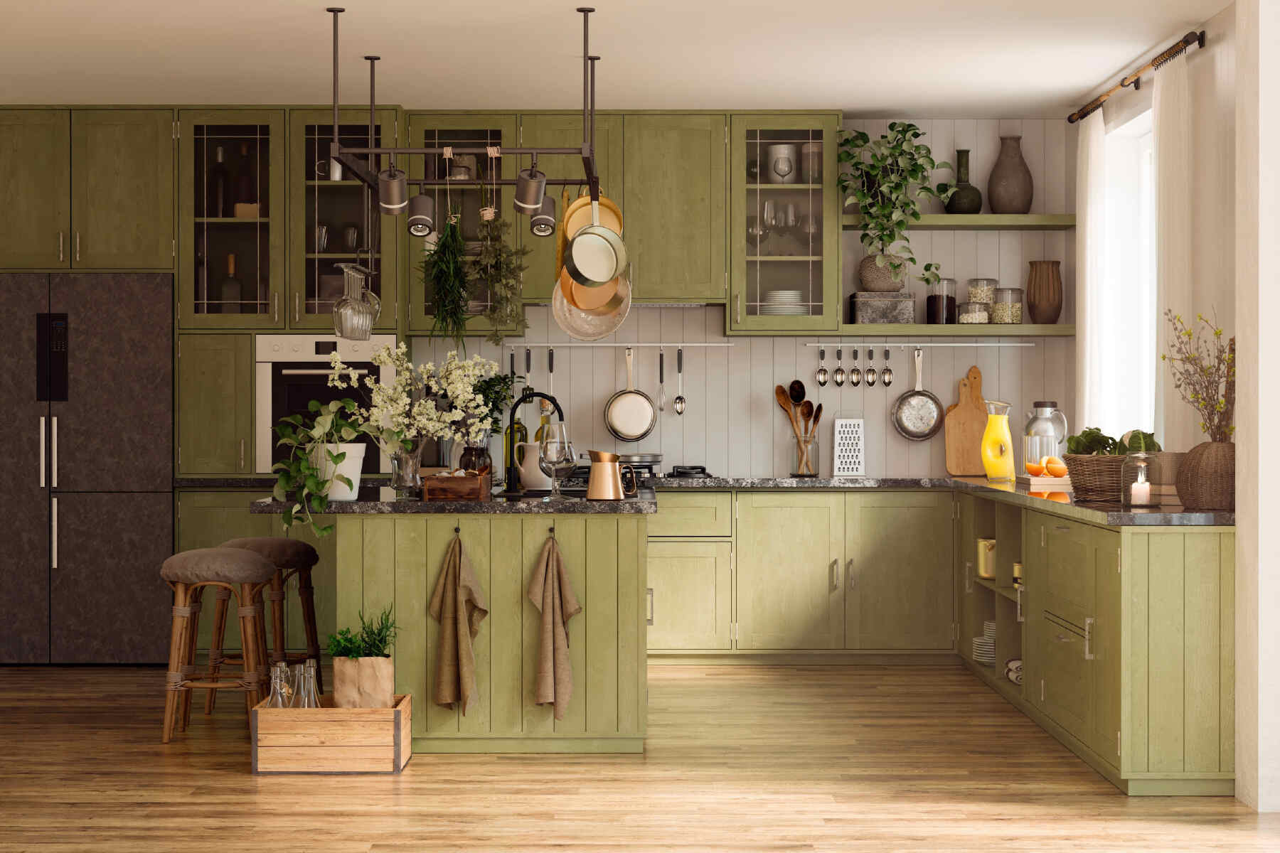 green and brown kitchen