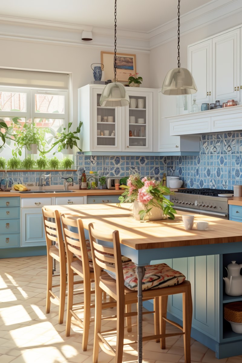 light blue farmhouse island with seating in a kitchen