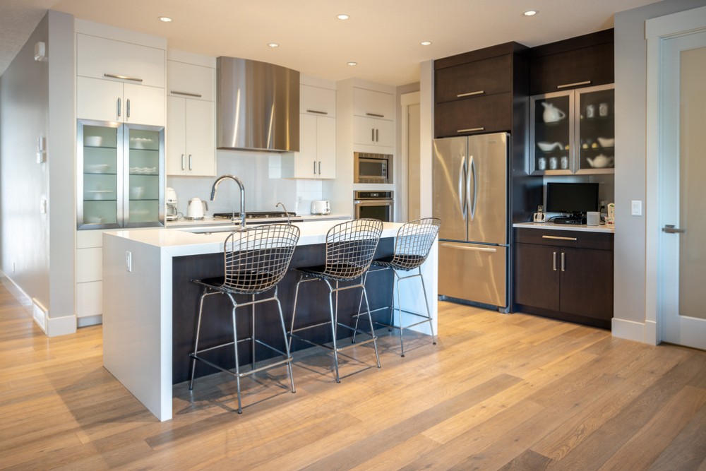 modern kitchen with hardwood floor