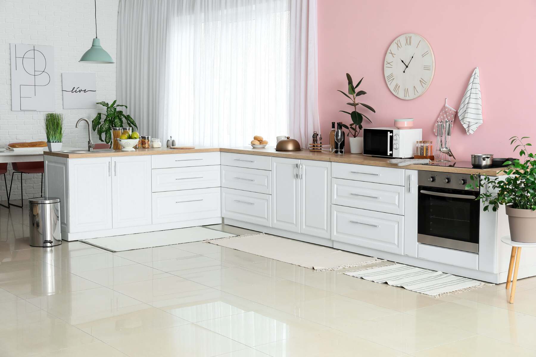soft pink and white kitchen