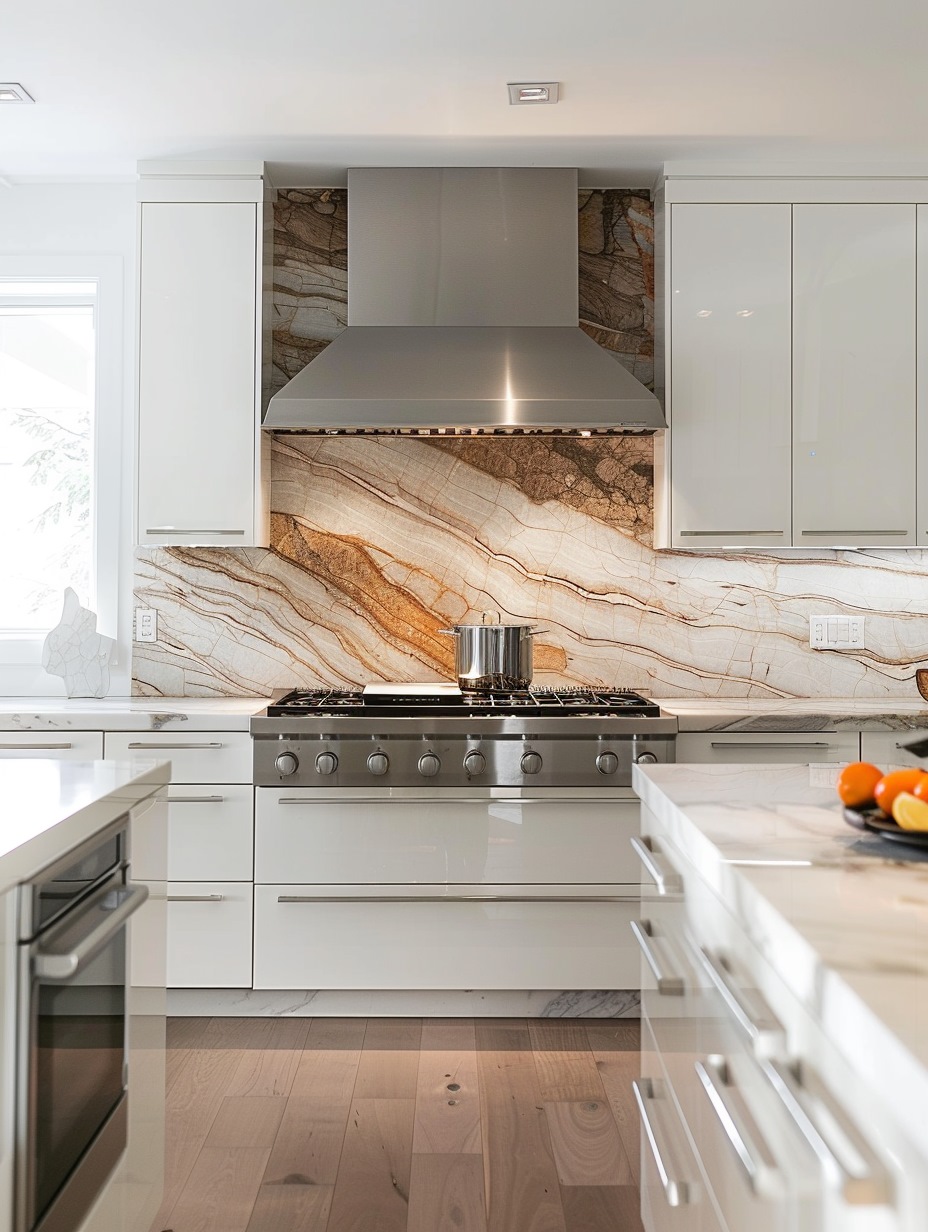 Design with stone 2 - White modern kitchen with brown marble stone backsplash