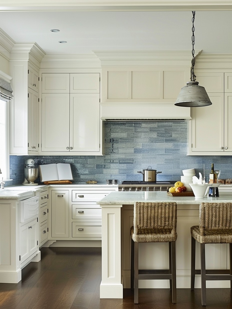 Design with tiles 15 - White modern classic french kitchen with blue backsplash
