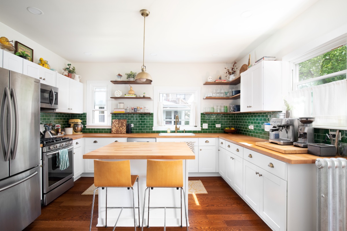Design with tiles 6 - White farmhouse kitchen with green backsplash