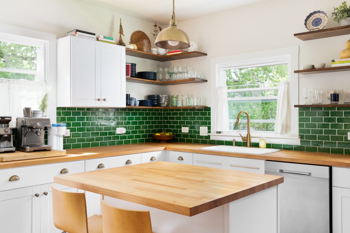 Design with tiles 7 - White farmhouse kitchen with green backsplash