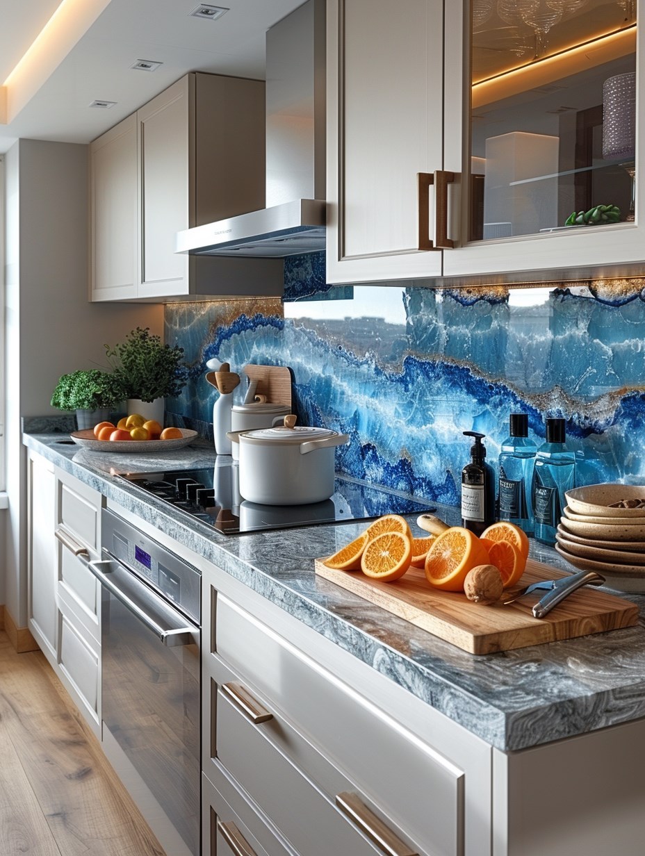 a beautiful kitchen with a colorful violet quartz backsplash, with white cabinet