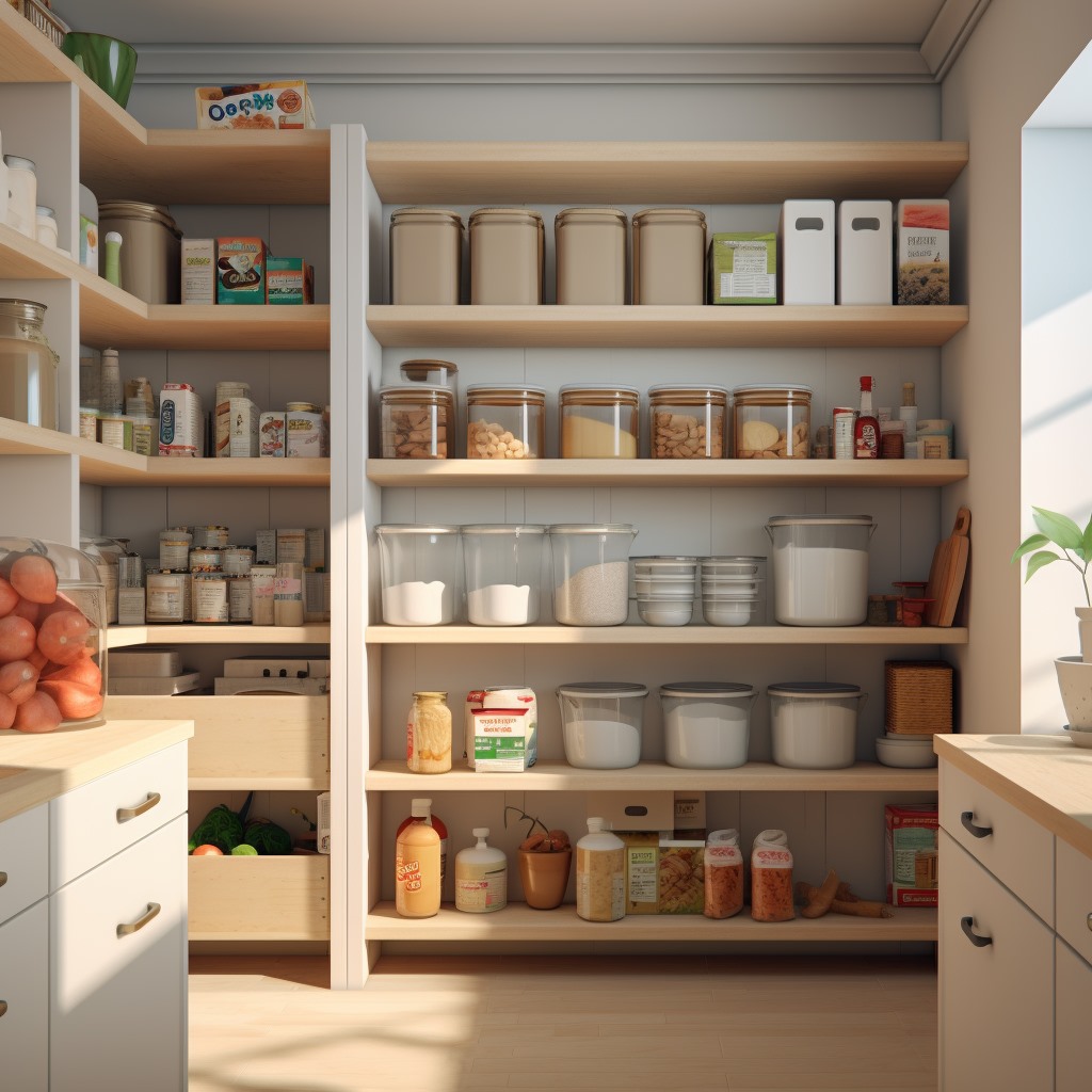 a pantry room with shelves full of food and containers
