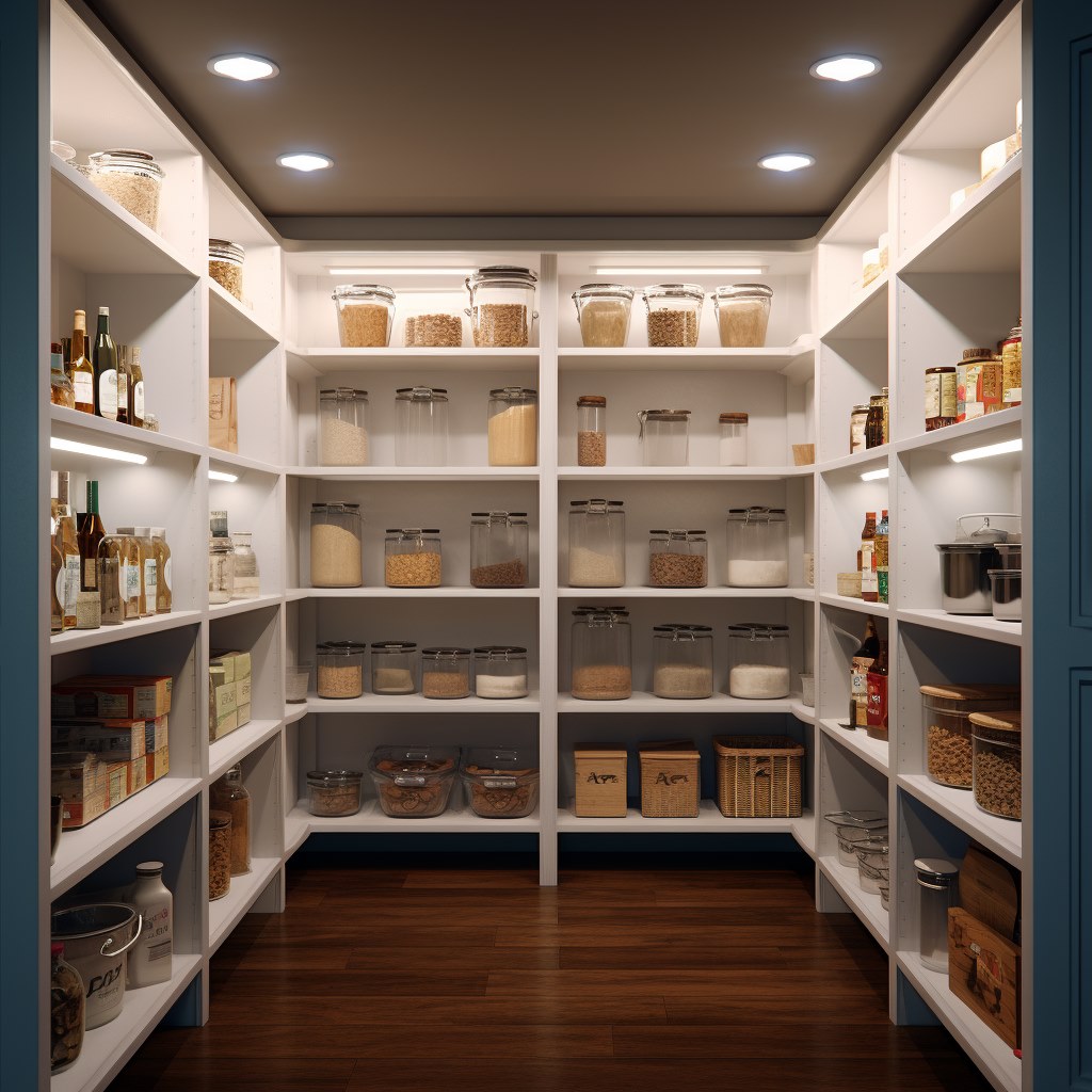 a pantry room with shelves full of food and stuff