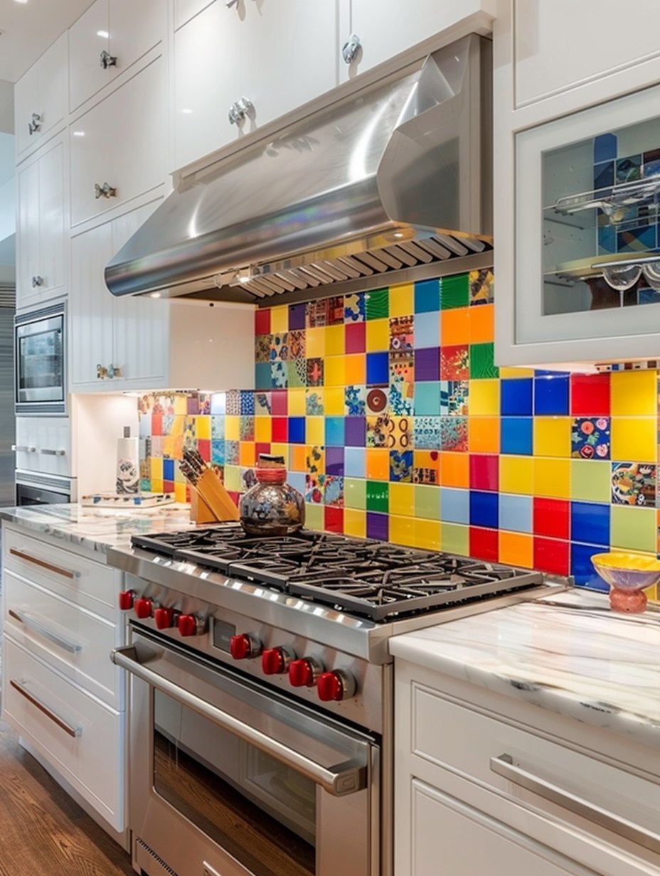 kitchen with colorful tile backsplash & white cabinets 1