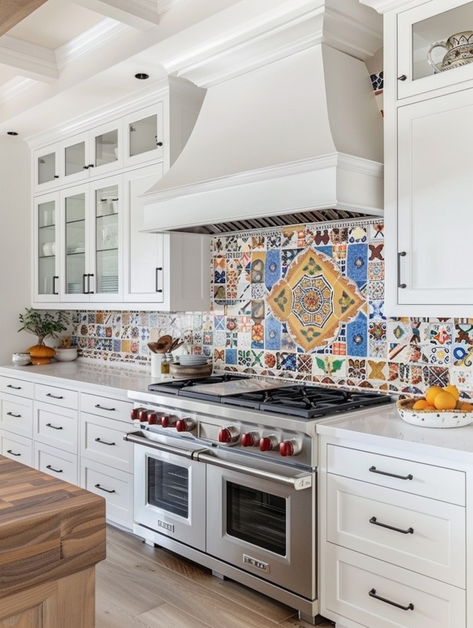 kitchen with colorful tile backsplash & white cabinets 2