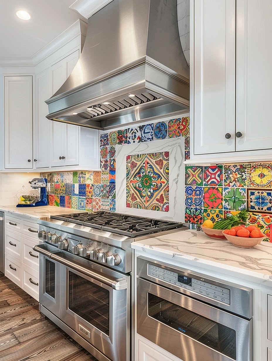 kitchen with colorful tile backsplash & white cabinets 3