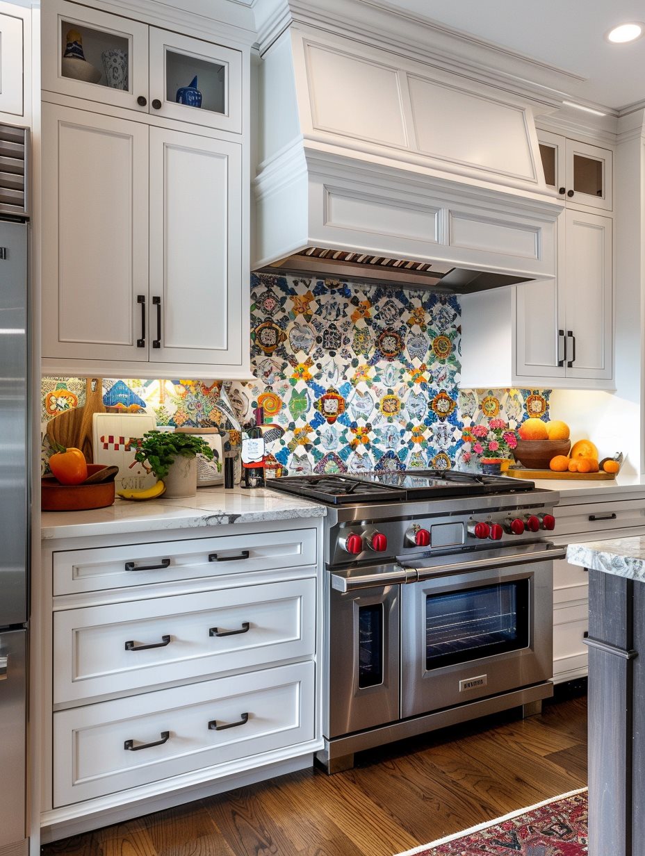 kitchen with colorful tile backsplash & white cabinets 4