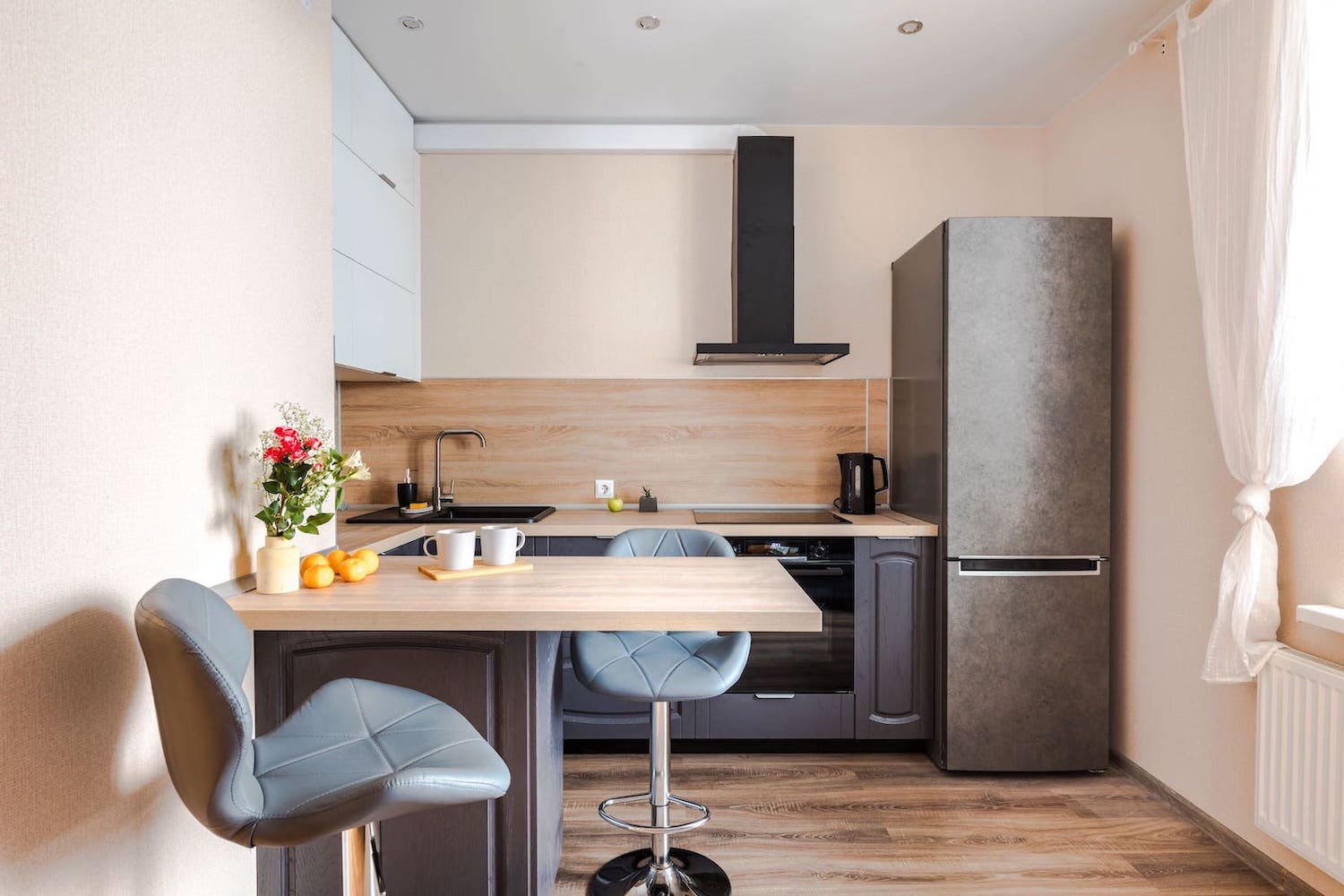 minimalist gray and wooden small kitchen bar
