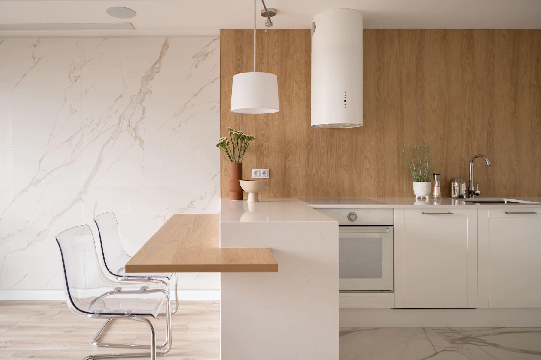 minimalist white and wooden kitchen bar
