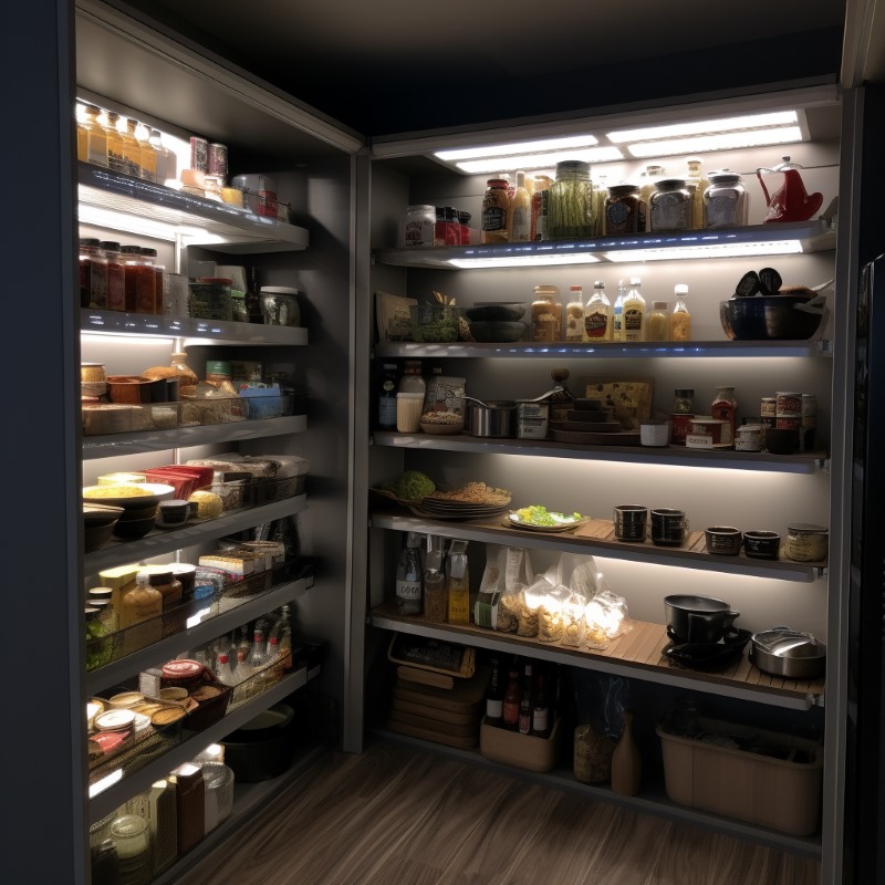 small modern pantry closet with shelves and hidden LED lighting