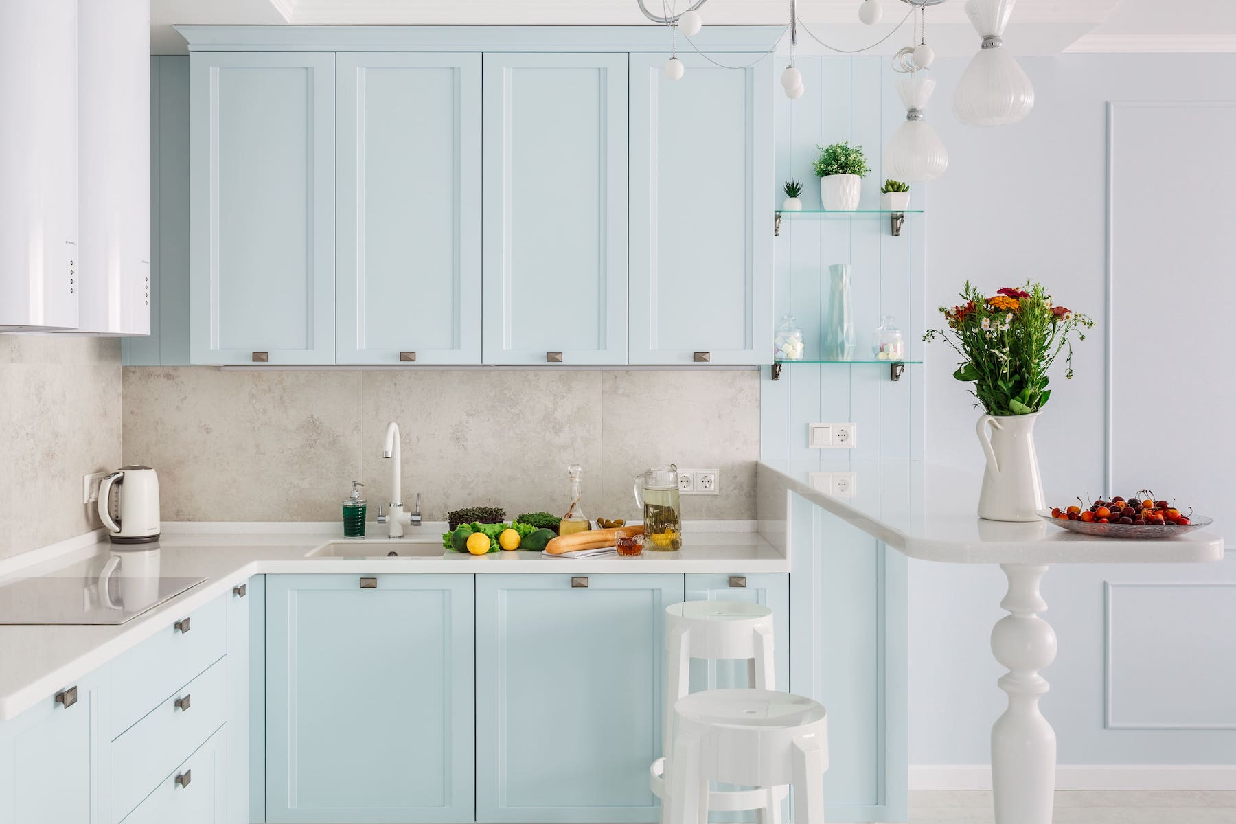 white and baby blue kitchen bar