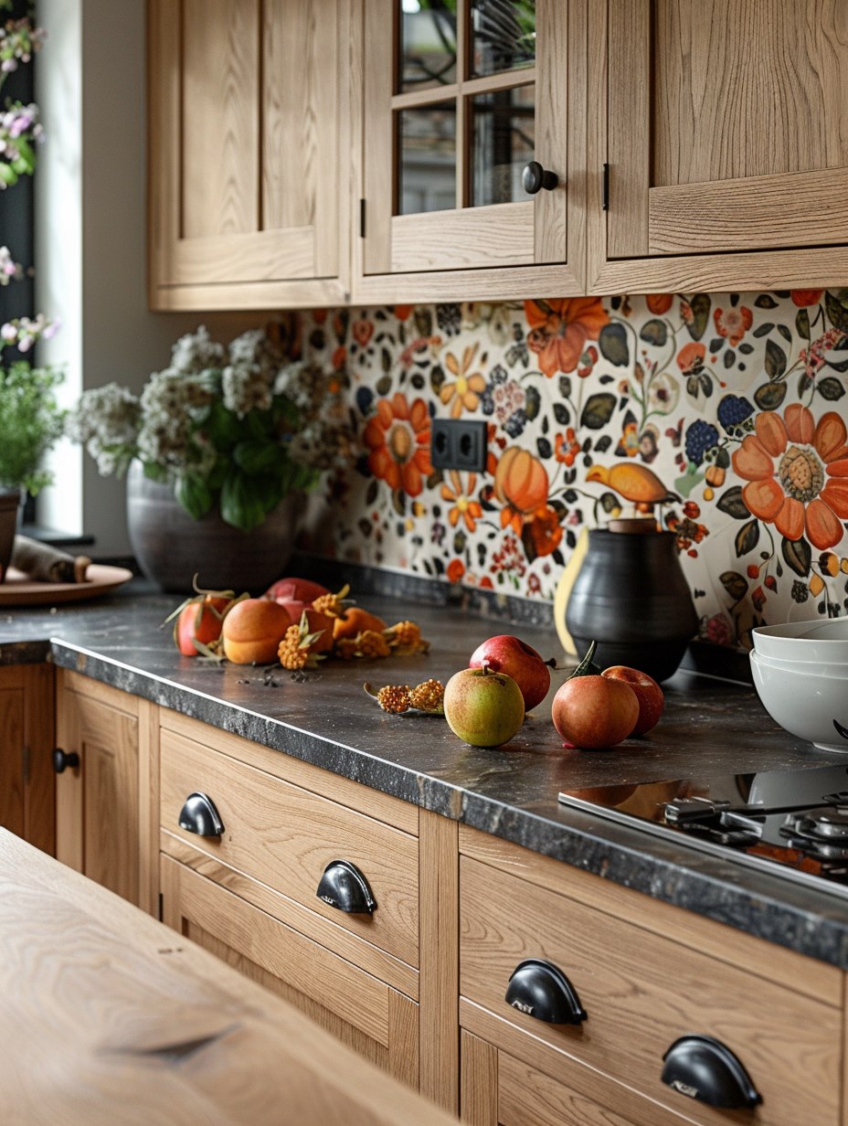 a beautiful kitchen with an aesthetic backsplash, with oak cabinet 2