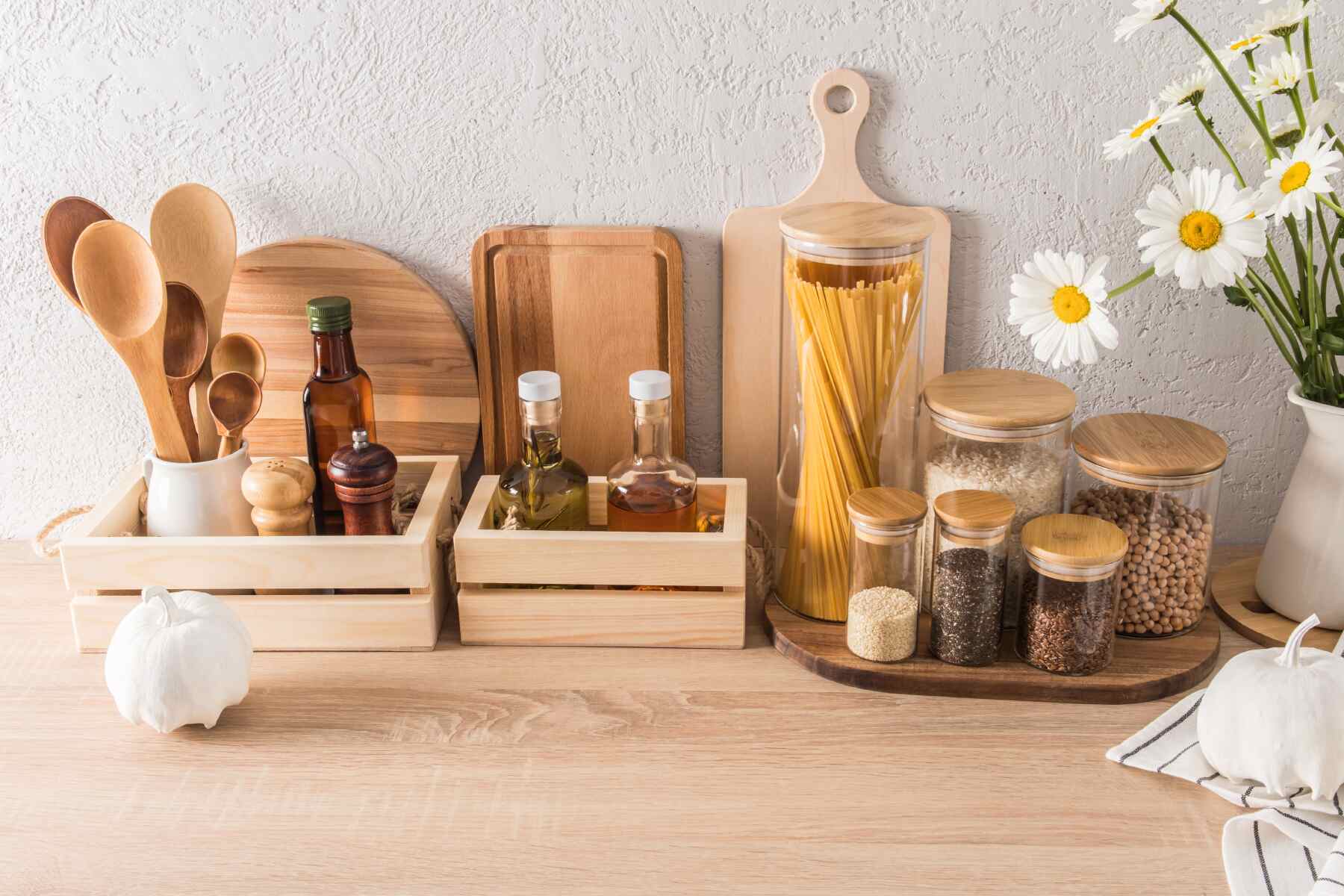 wooden tray on wooden kitchen countertop
