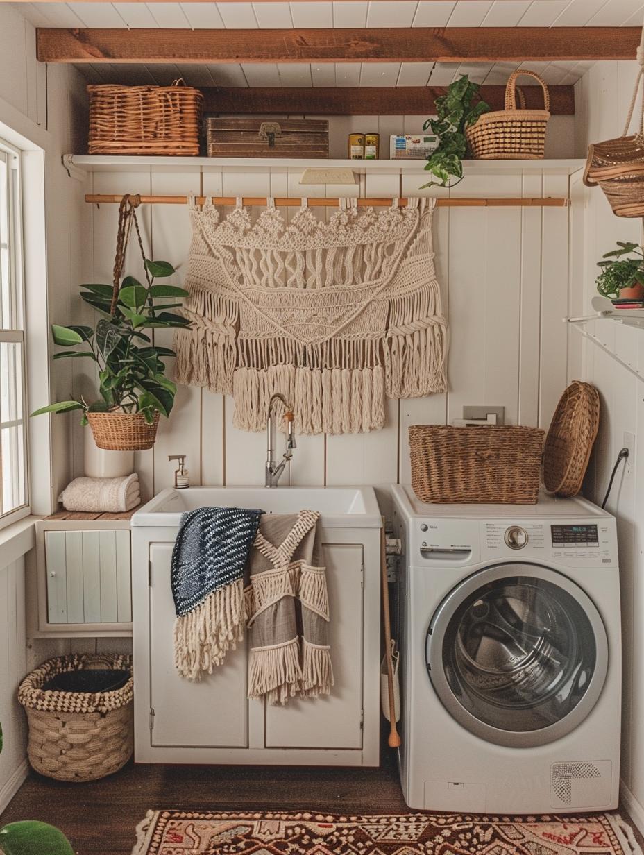 a macrame decor above the sink in boho laundry room