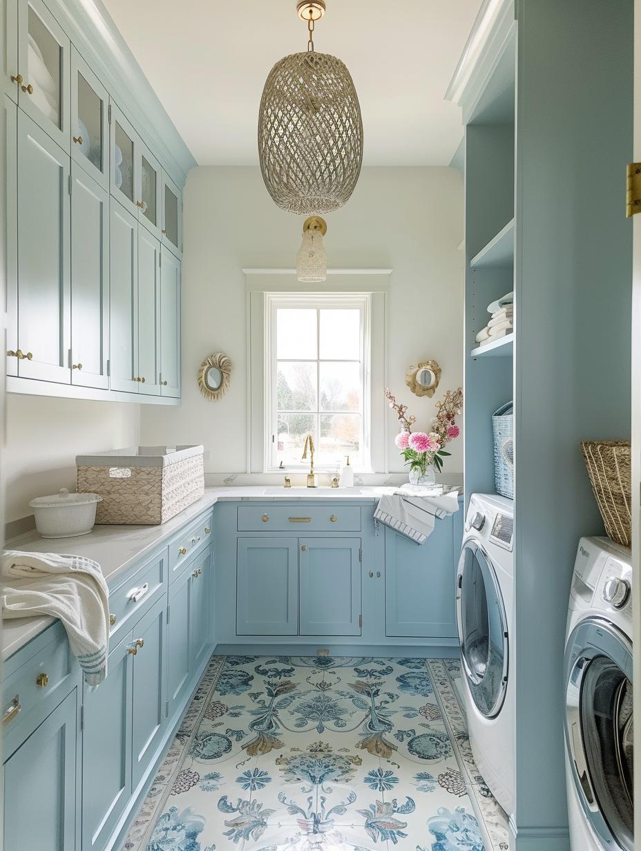 boho laundry room with blue pastel tone