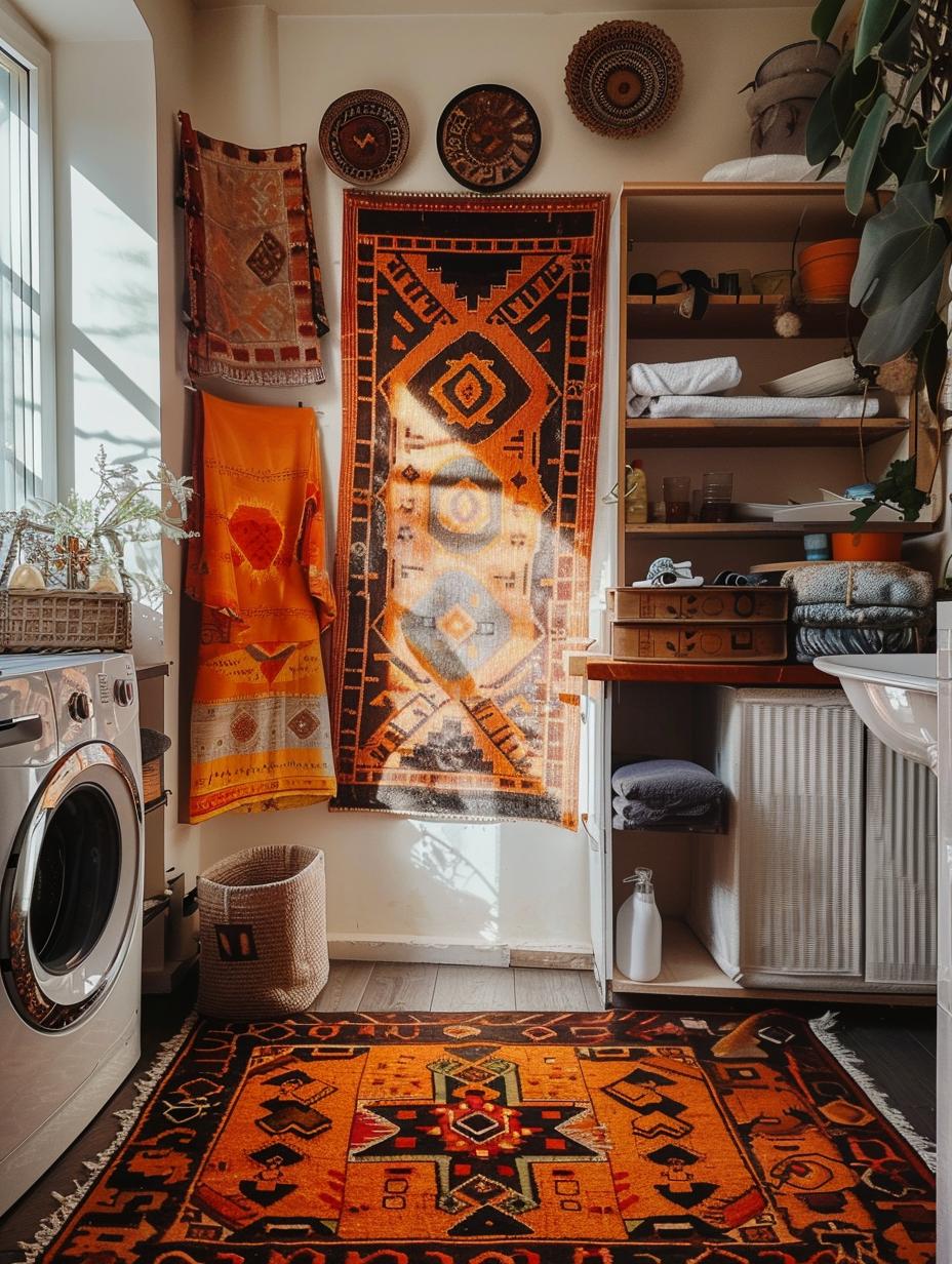 boho laundry room with decorative rug and wall hangings