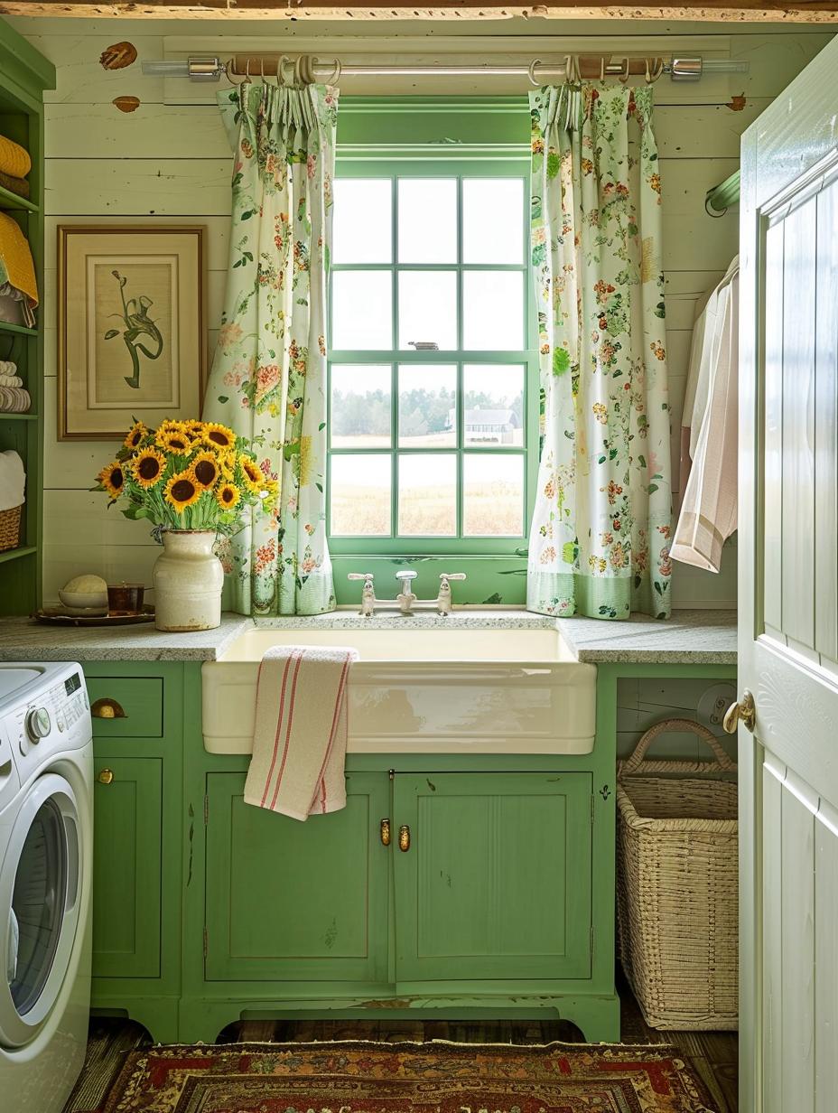 boho laundry room with light green tone