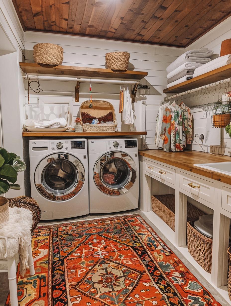 boho laundry room with open shelving and baskets