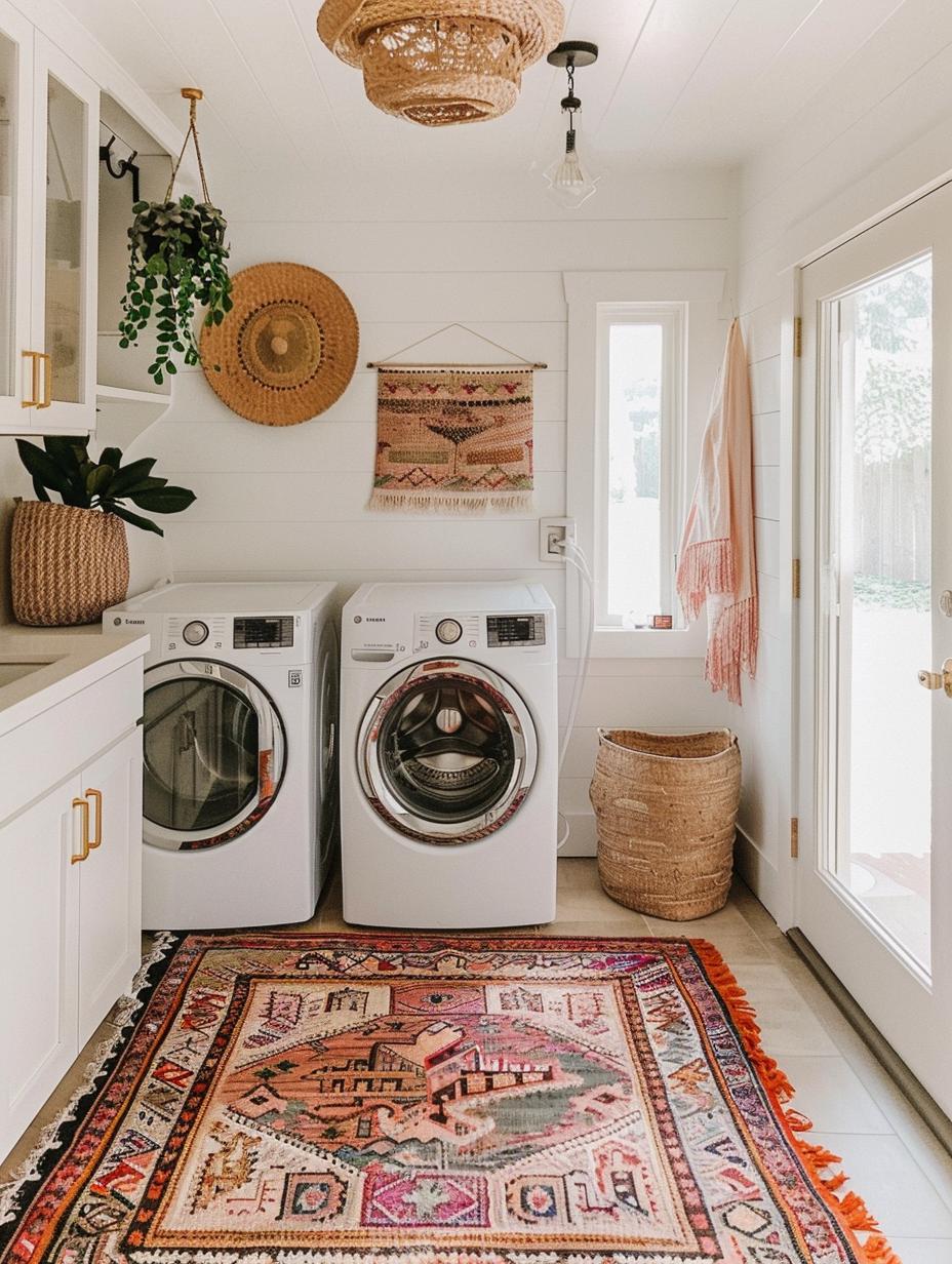 boho laundry room with patterned rug