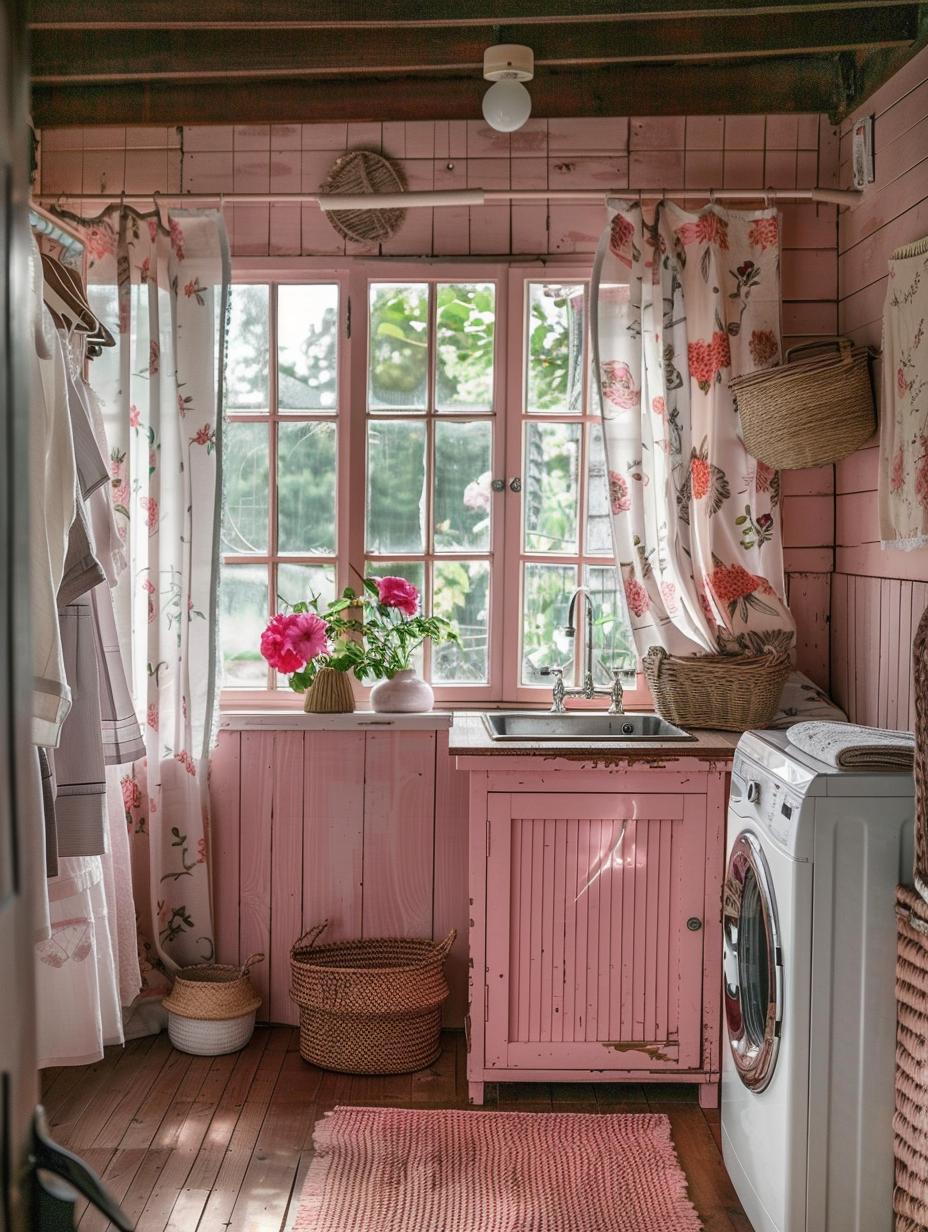 boho laundry room with pink tone