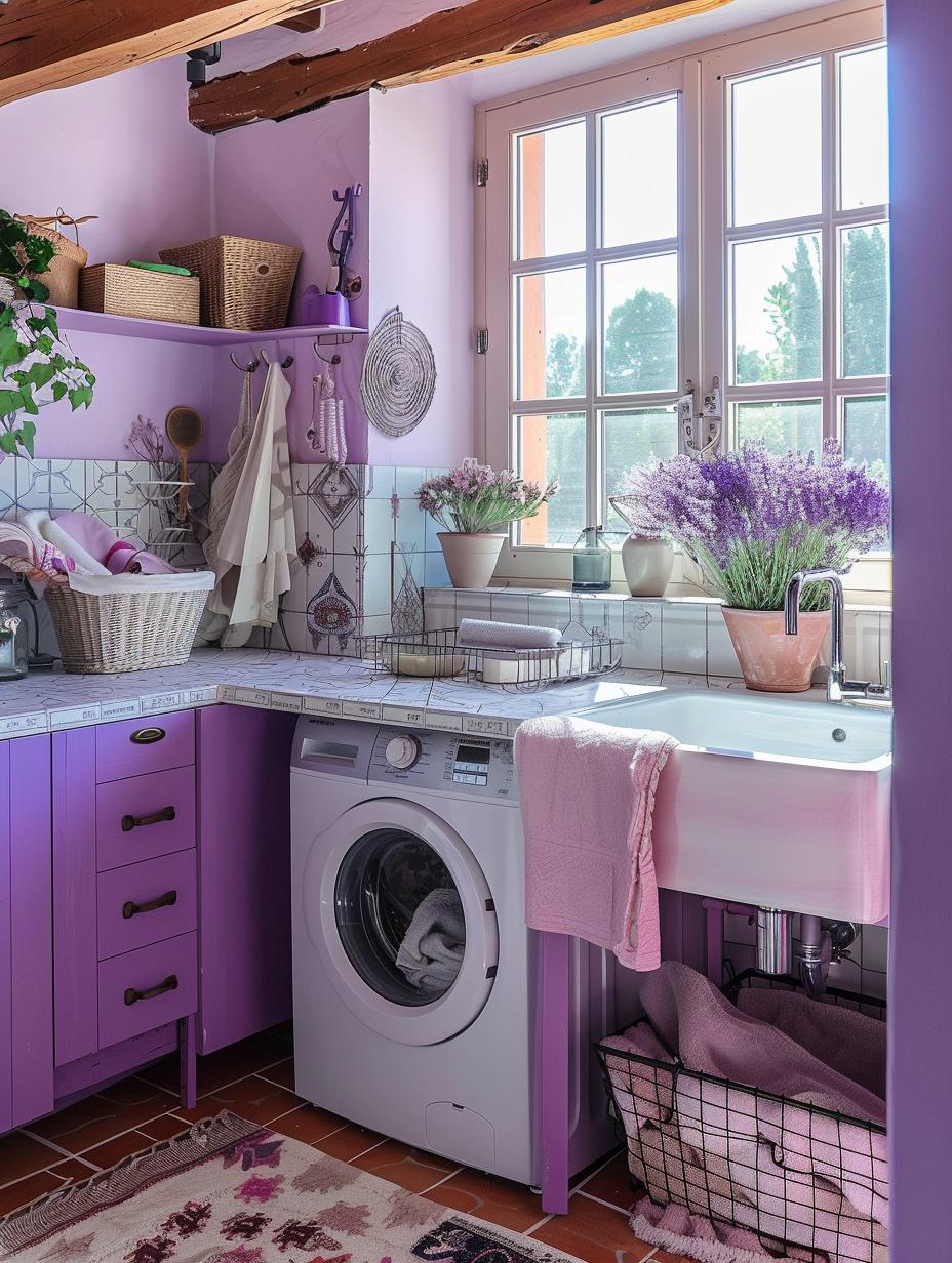 boho laundry room with purple tone