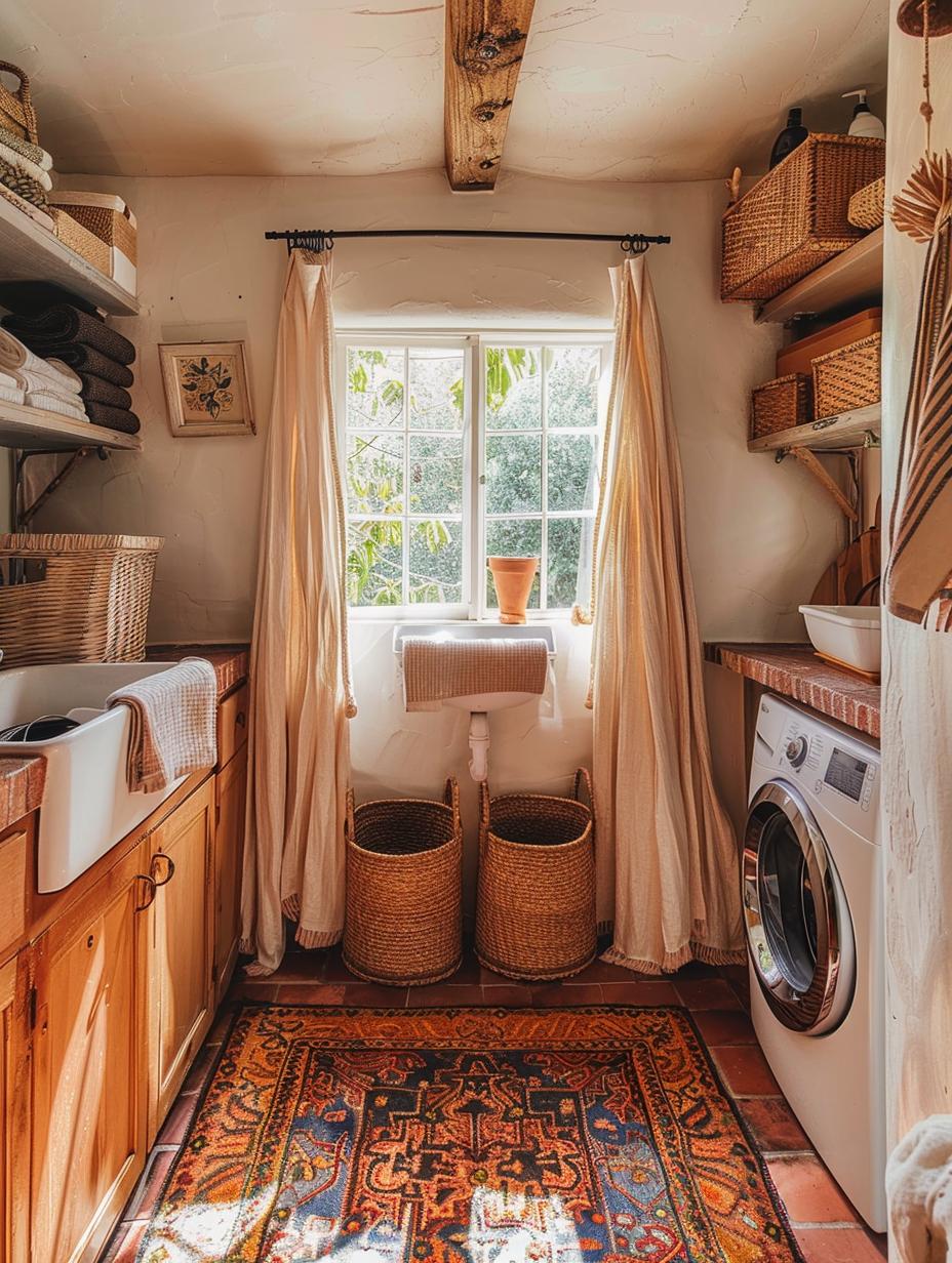 boho laundry room with window and long curtains