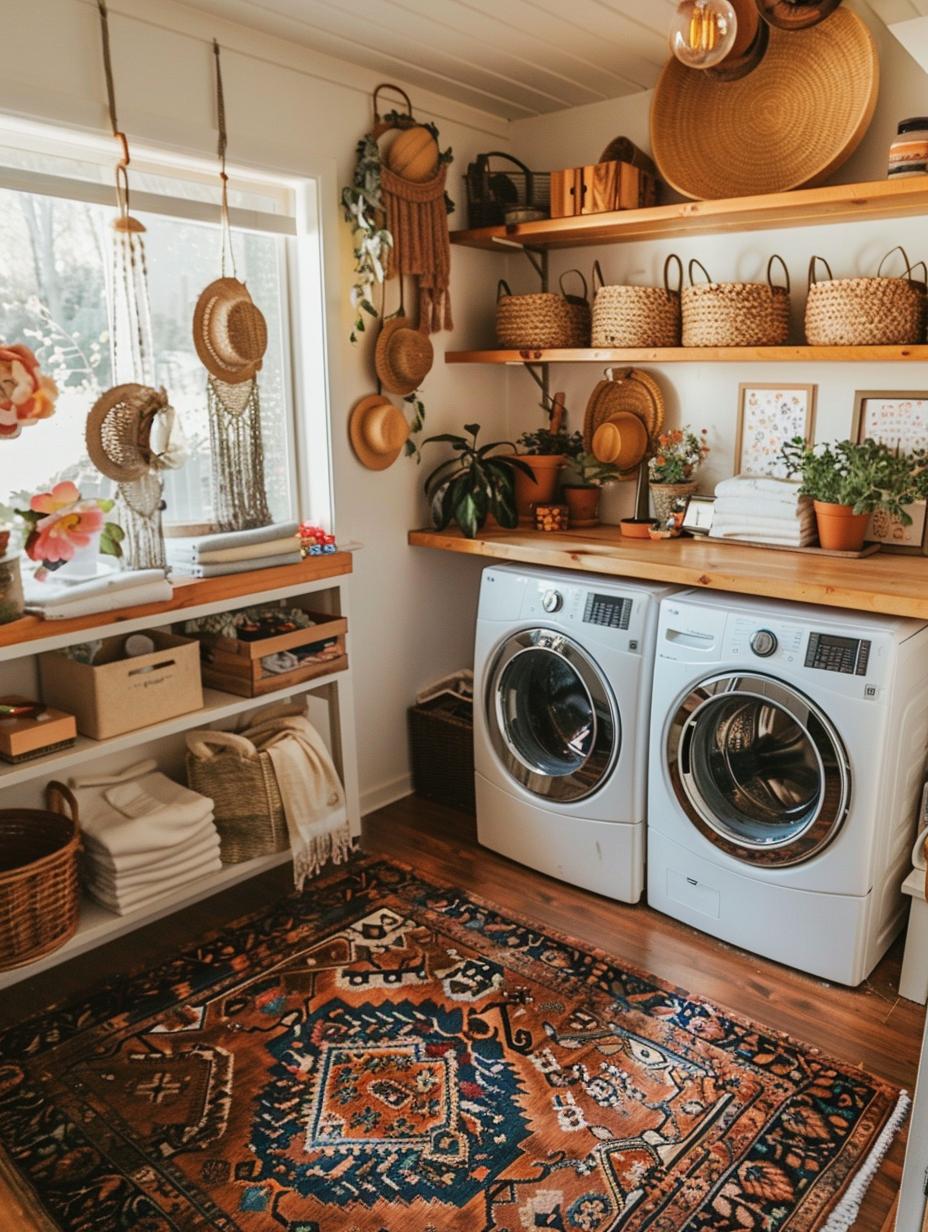 boho laundry room with wooden decors