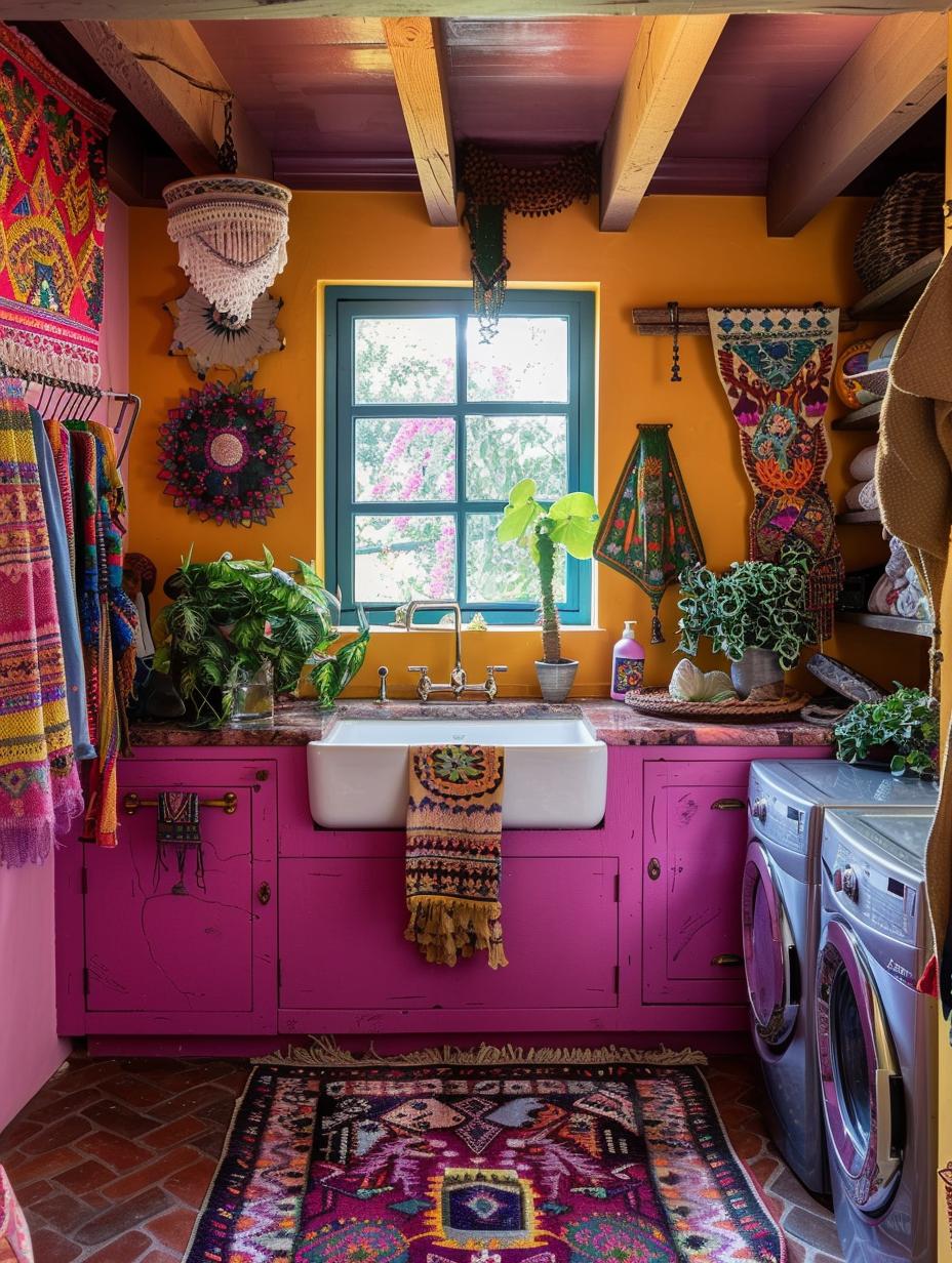 boho laundry room with yellow and pink tone