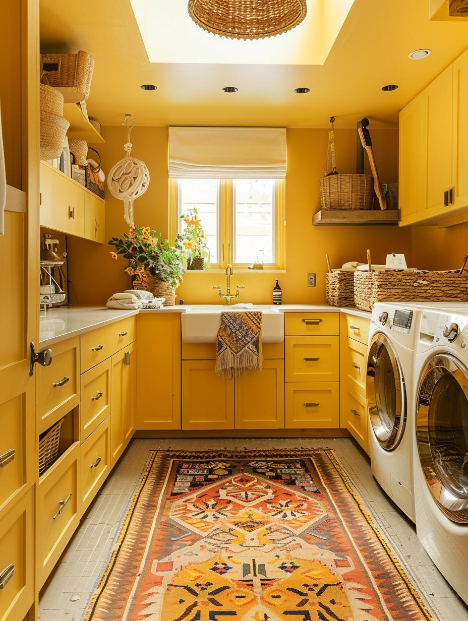 boho laundry room with yellow tone