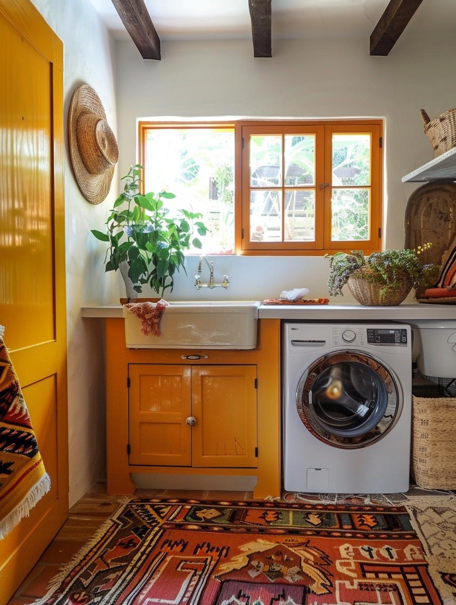 boho laundry room with yellow warm tone