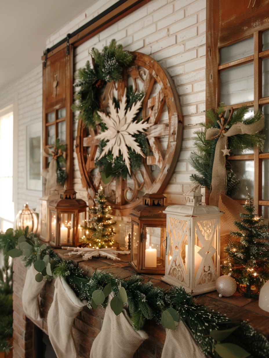 farmhouse mantel decor in winter