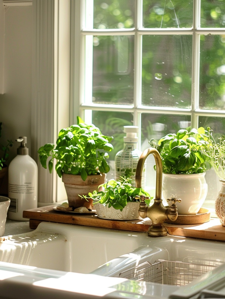 kitchen window sill decor in over the sink area