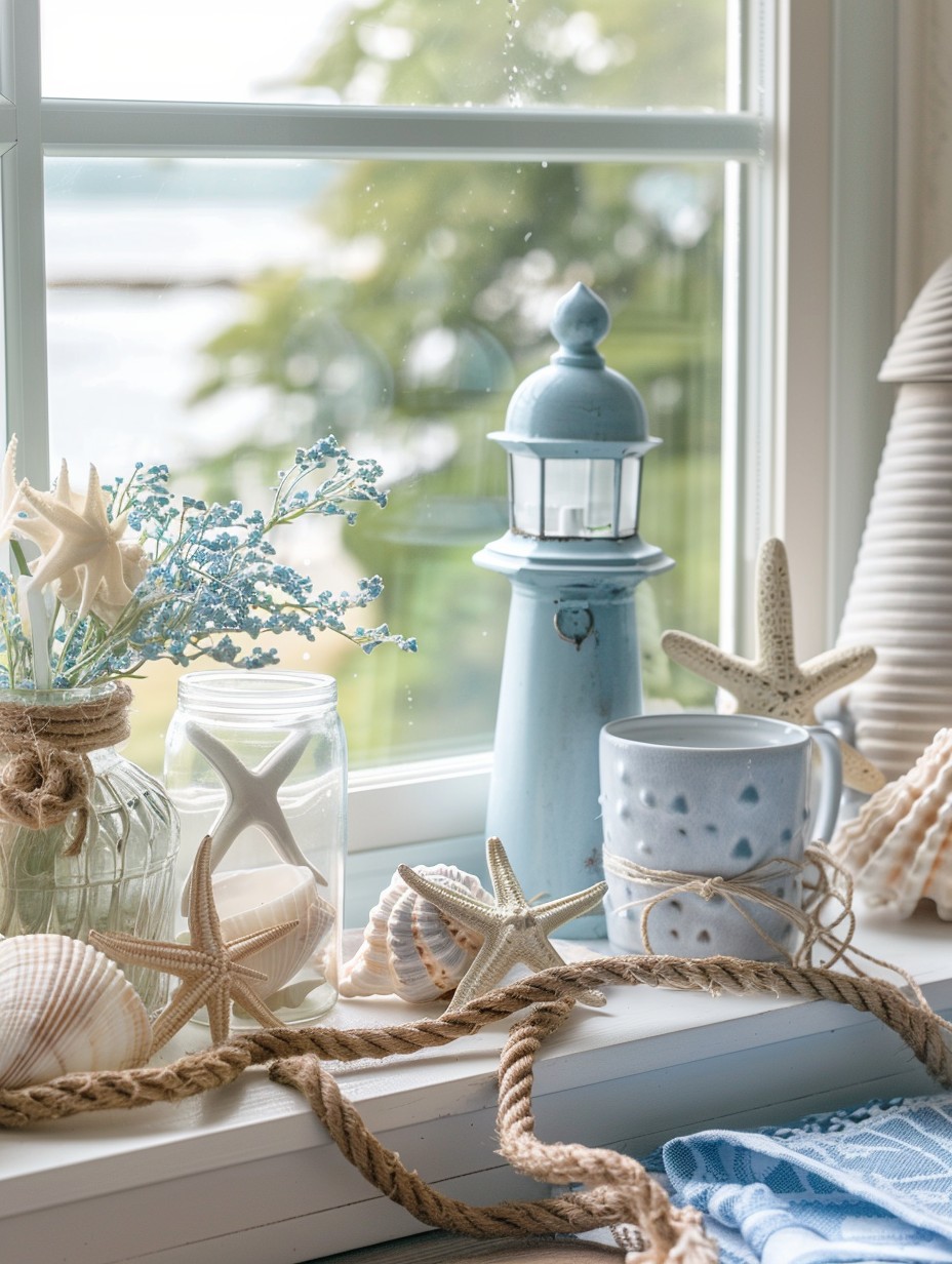 kitchen window sill decor with coastal theme