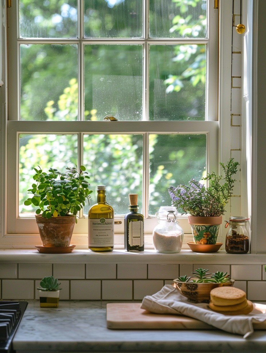 kitchen window sill decor with essential items